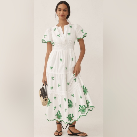 Anthropologie | Dresses | Anthropologie The Somerset White And Green Floral  Embroidered Eyelet Maxi Dress | Poshmark